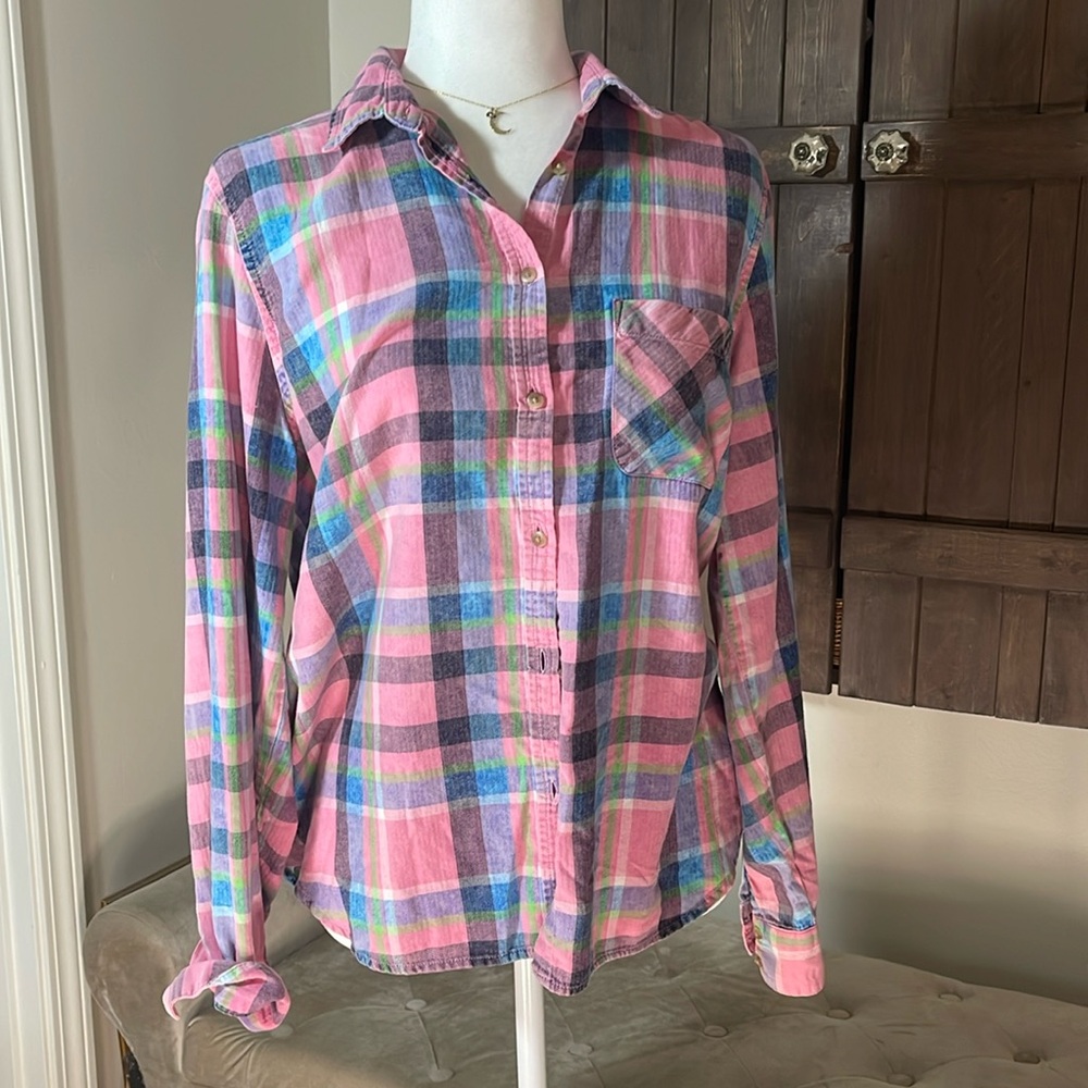 American Eagle Pink Plaid Button Down, women size L